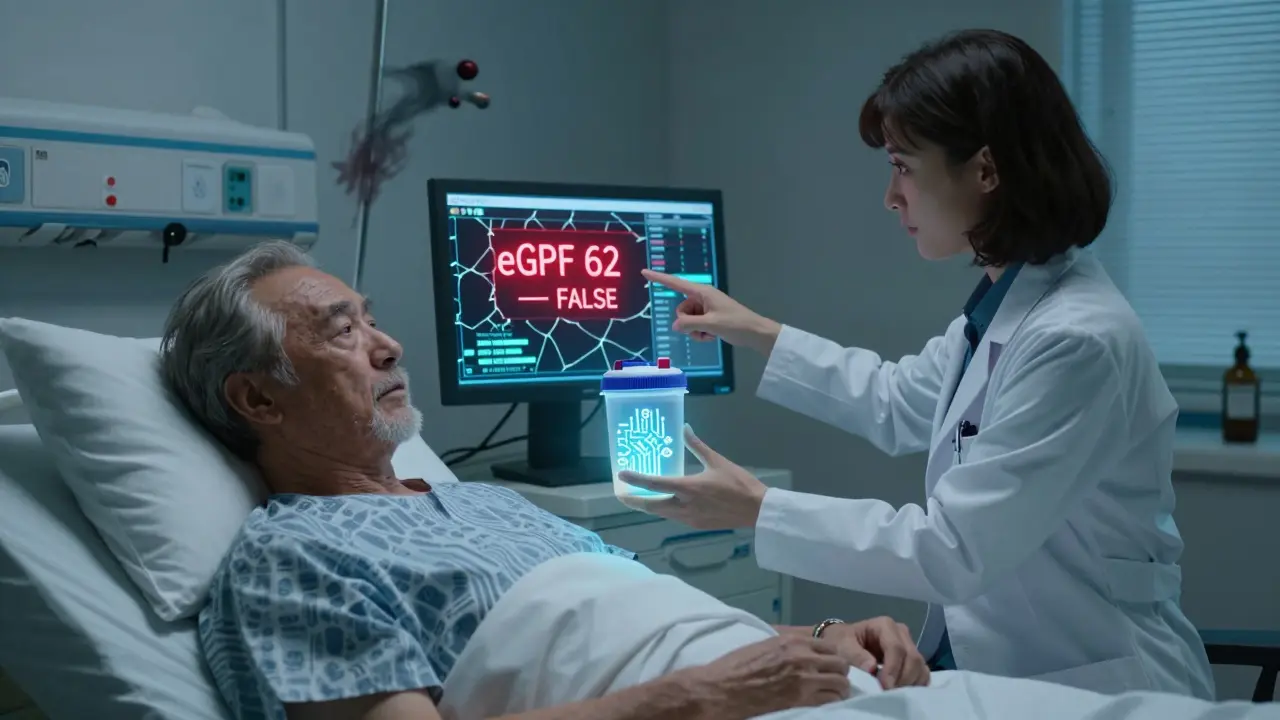 A pharmacist pointing to a warning on an EHR screen as dangerous drug molecules swirl around a patient.
