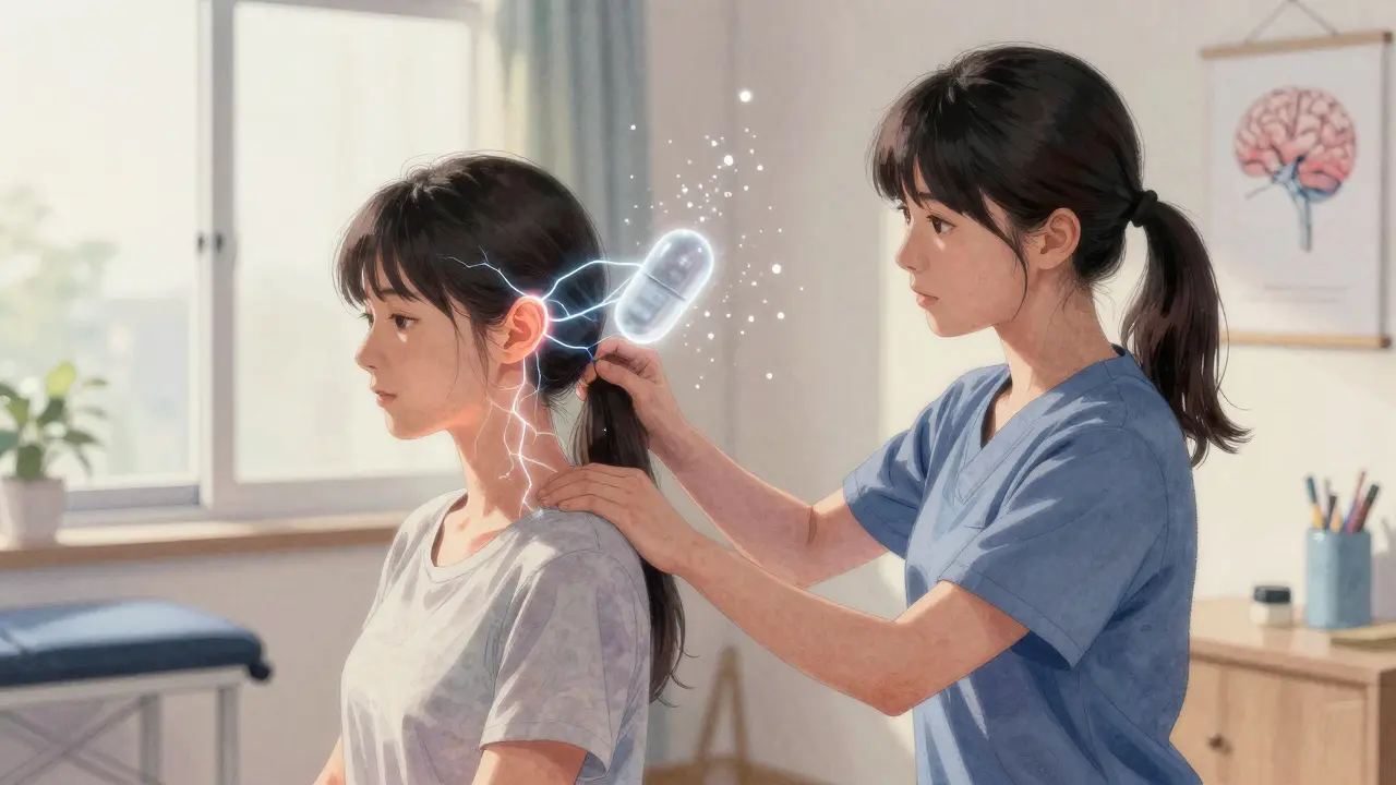 A physical therapist guiding a patient through balance exercises as a meclizine pill disintegrates into dust behind them.