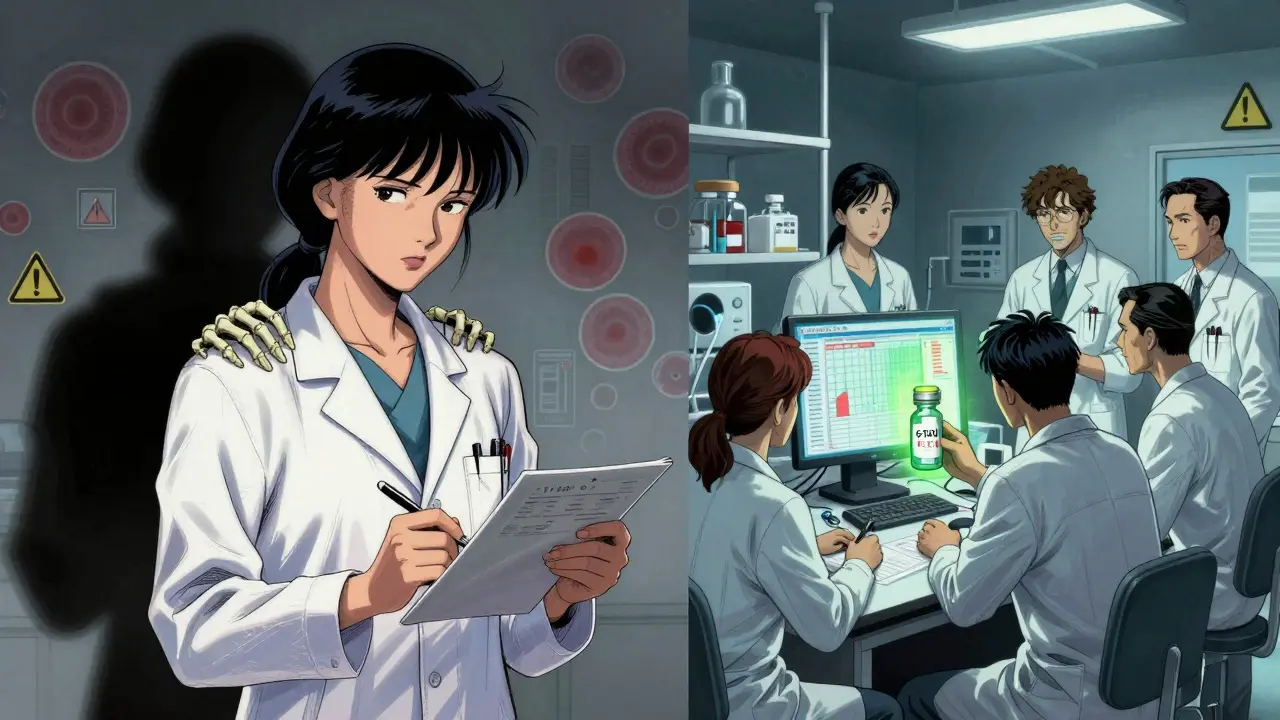 A split scene of a doctor prescribing dangerous drugs versus a specialist team monitoring blood metabolites in a lab, in Sui Ishida's detailed ink-and-shadow aesthetic.