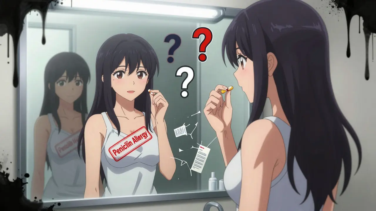 A woman's reflection split between false drug allergy label and true safety.