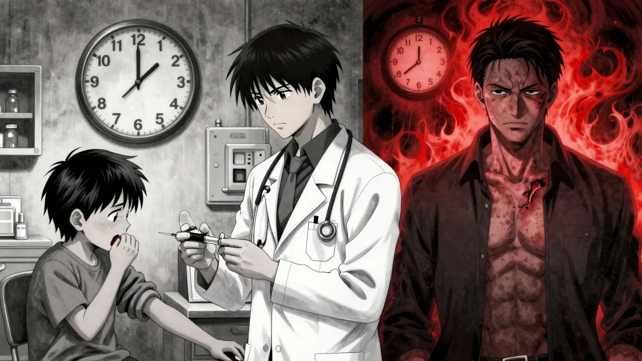 An allergist conducting a test while timelines show food and drug reaction patterns.