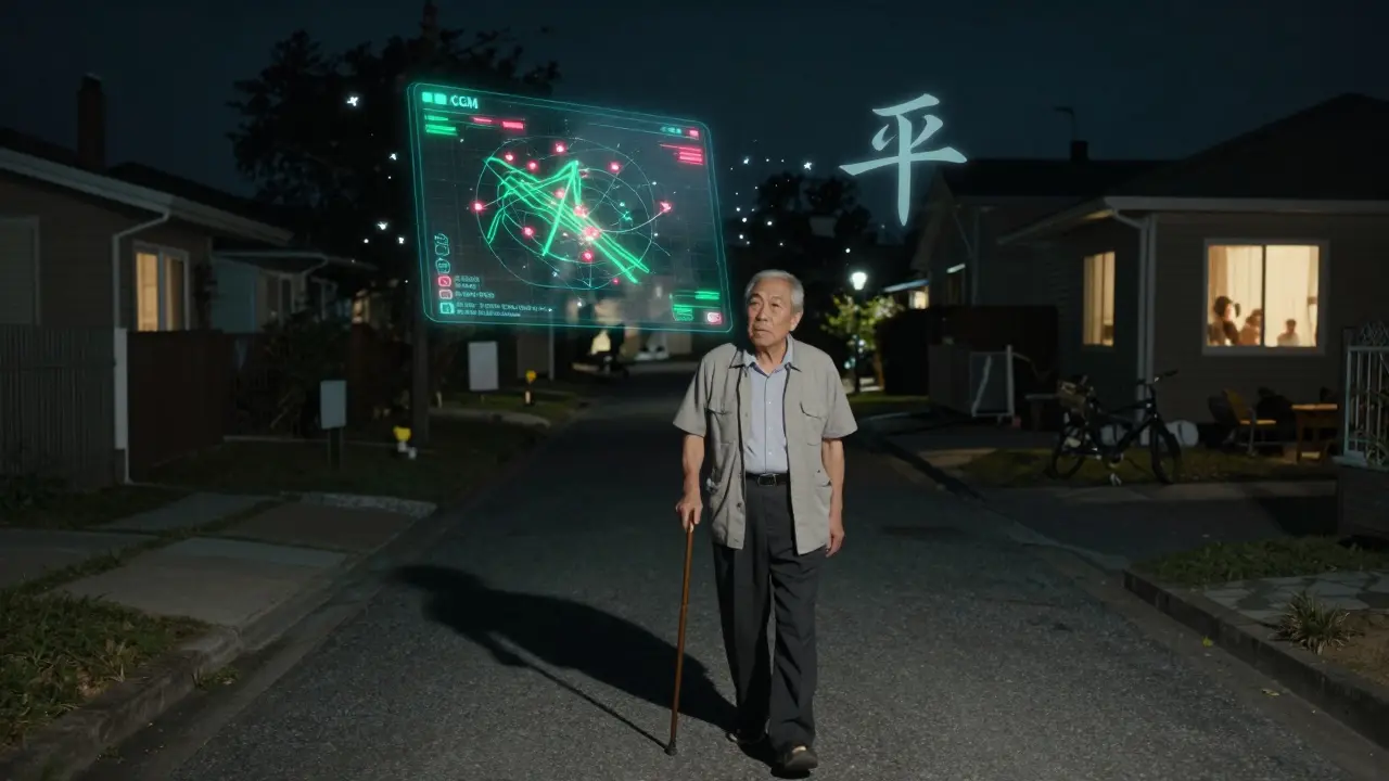 An elderly man walks at night with a floating CGM display above him, showing stable blood sugar levels and dissolving red alerts.