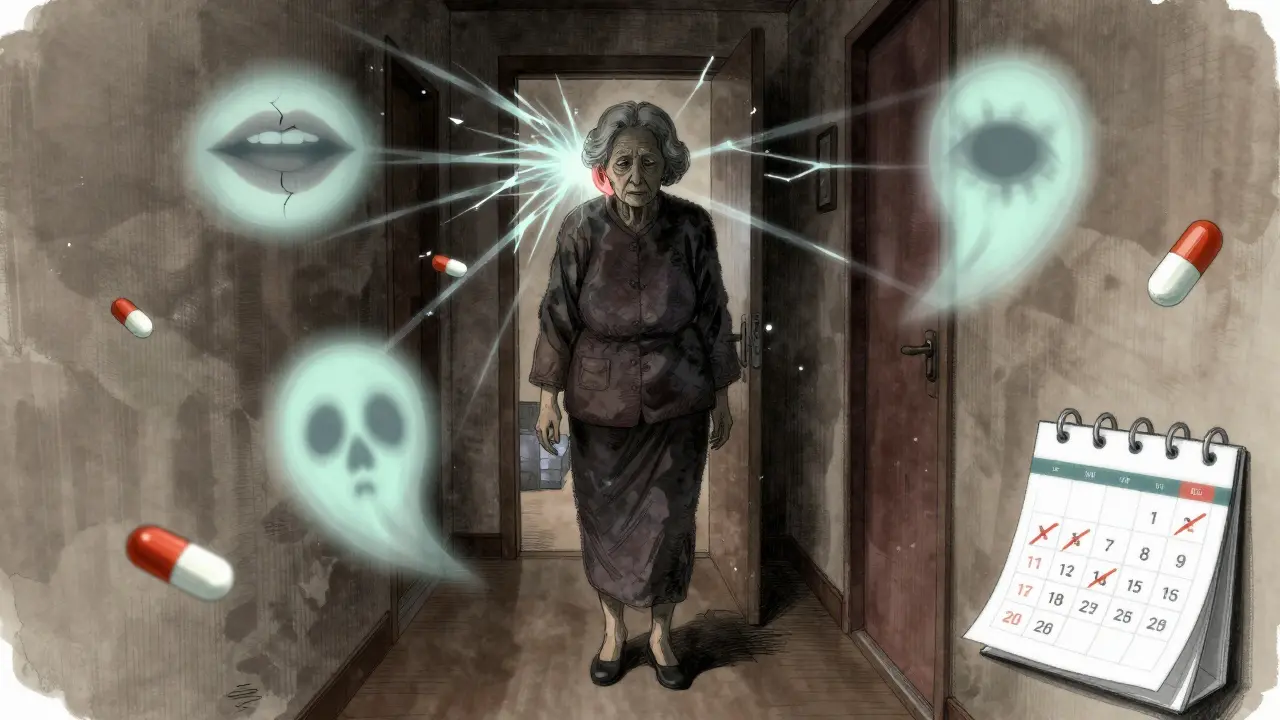 An elderly woman frozen in a hallway, surrounded by ghostly symbols of meclizine side effects like dry mouth and blurred vision.