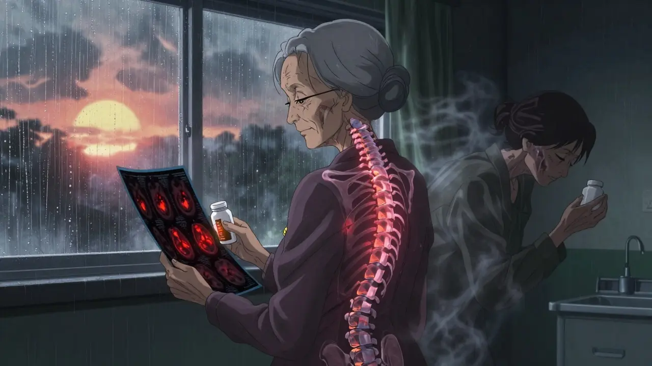 An elderly woman standing tall after treatment, her spine straightened as ghostly hunch fades away, holding a bone health supplement.