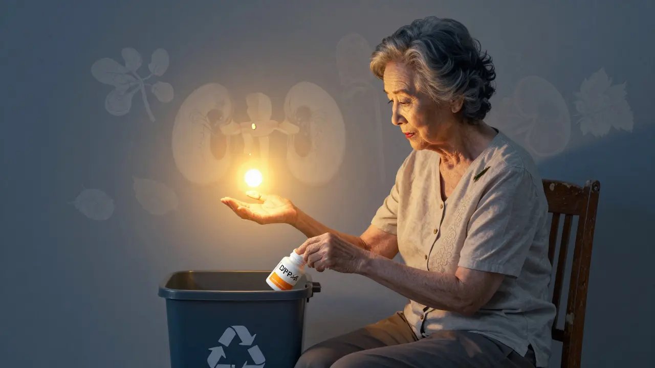 An older adult places a glyburide bottle in the trash as a glowing DPP-4 pill floats toward them, symbolizing safer diabetes treatment.