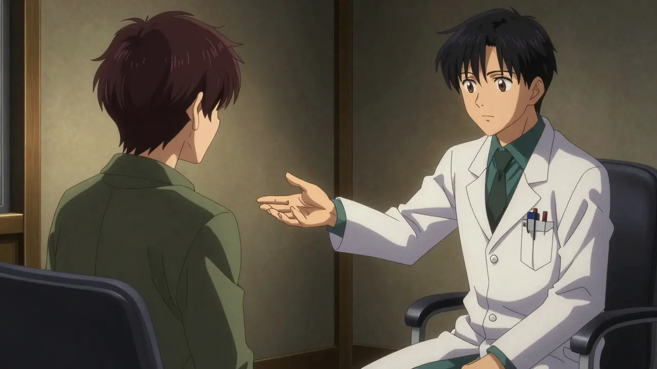 Doctor offering support to patient in a dim office illustrated in high contrast black ink anime art.