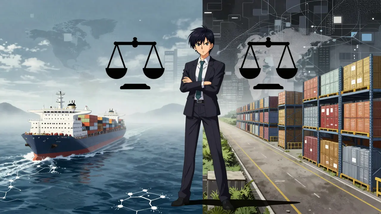 Figure balancing logistics paths on a scale near industrial city.