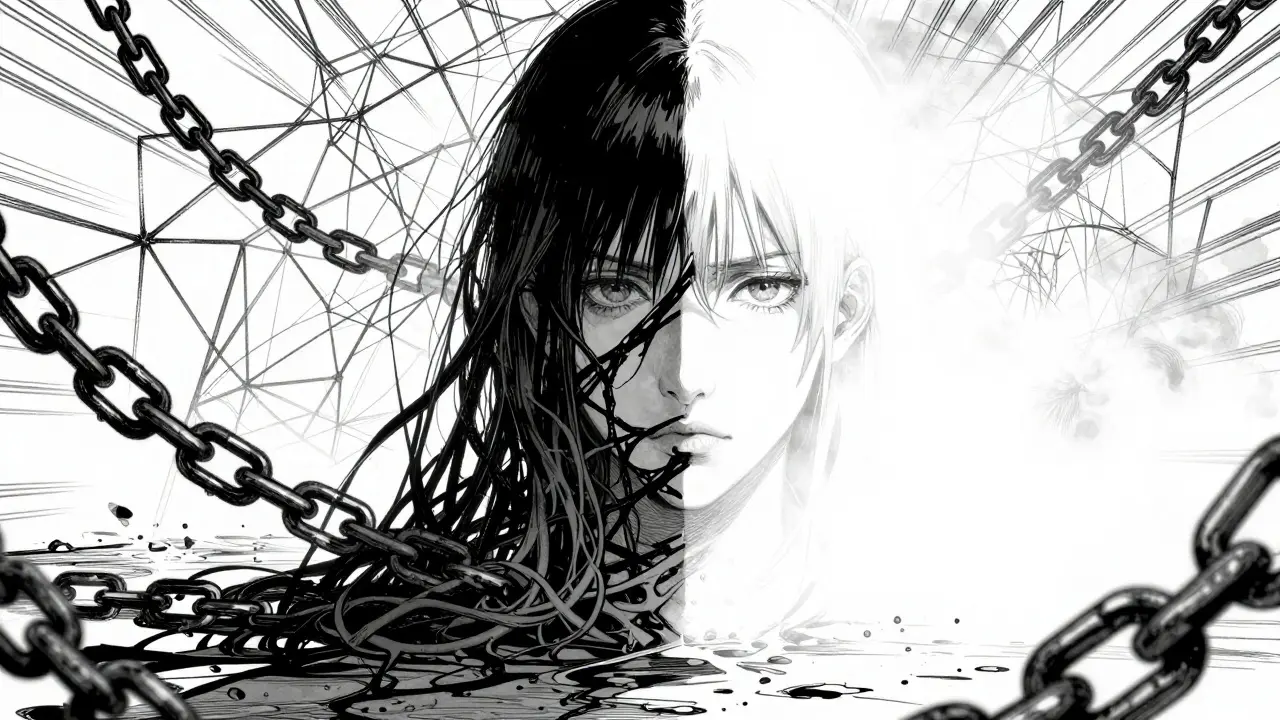 Figure split between dark chains and misty light representing mental recovery struggle.