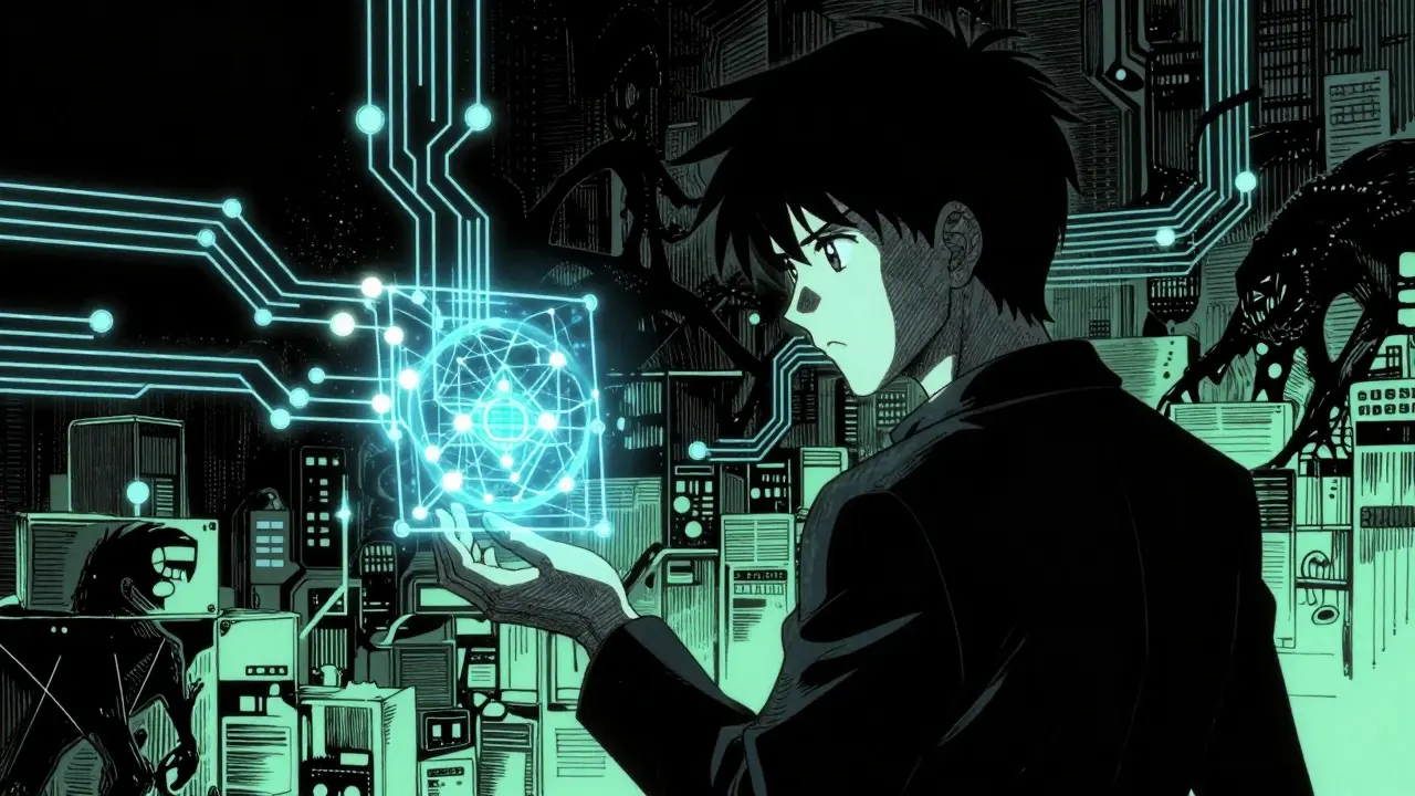 Operator merged with digital streams facing shadowy cyber threats.