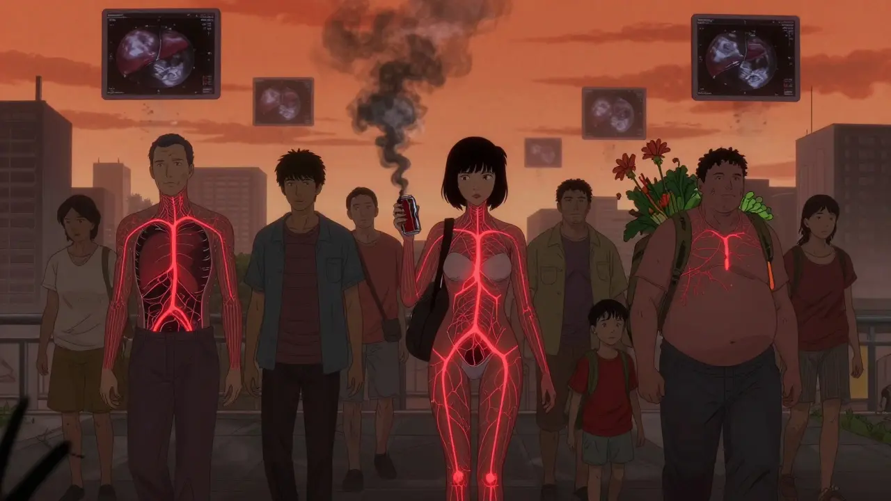 People in a city with glowing metabolic pathways, one holding a melting soda can, under a blood-orange sky.