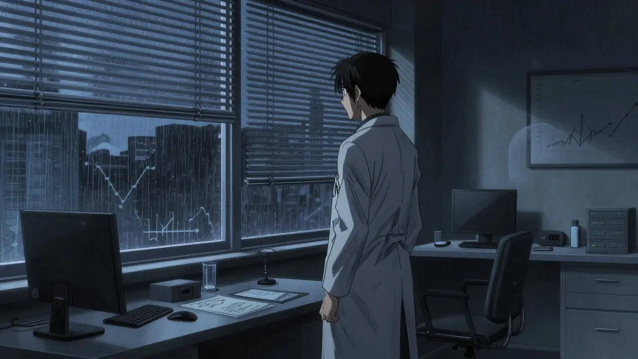 Physician standing by window looking at rain with thoughts.