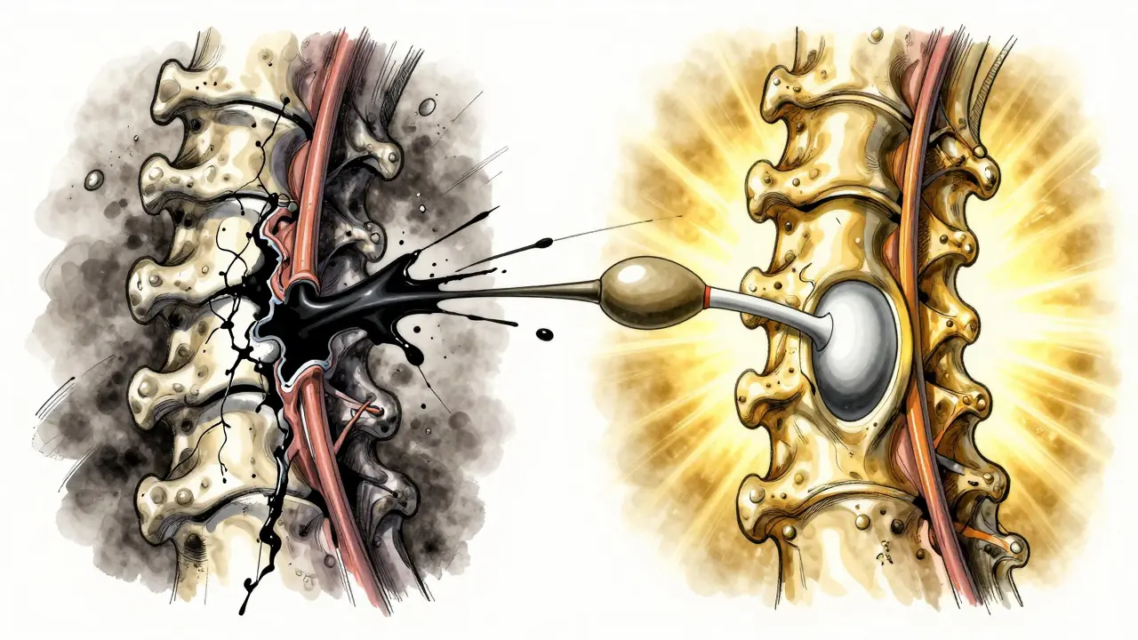 Side-by-side comparison of vertebroplasty (leaking cement) and kyphoplasty (restored vertebra) in detailed spinal cross-sections.