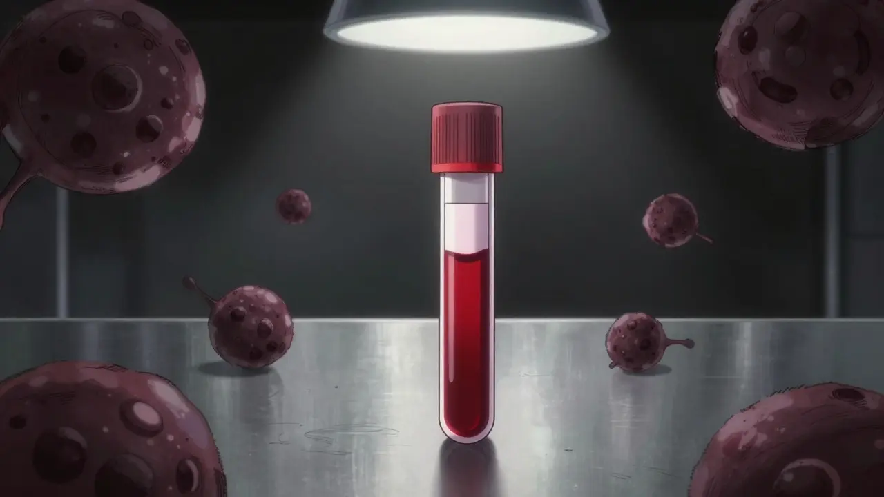 Single blood test tube on metal table with abstract cells.
