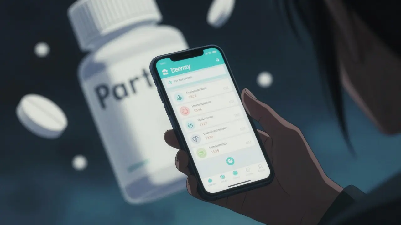 A hand holding a phone showing a pharmacy app with floating medicine tablets in anime style.