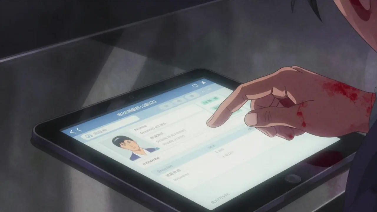 A hand interacting with a medical consultation form on a tablet in a moody, gritty anime style.