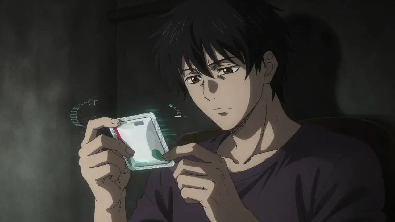 A person cautiously inspecting a medication package in a dark, moody anime scene.