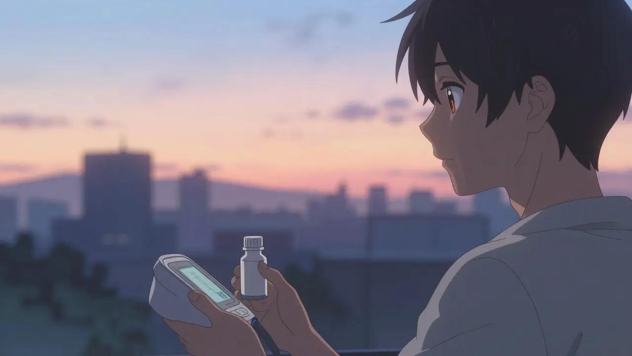 A person holding medication and a blood pressure monitor at dawn in a manga style.
