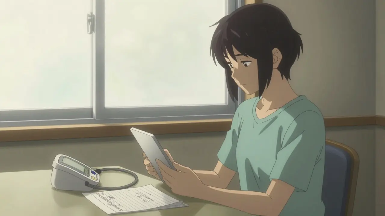 A person monitoring their health and taking medication by a window in a muted anime style.