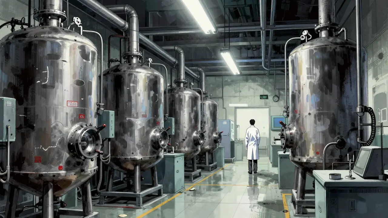 A sterile, industrial pharmaceutical factory with a technician in Sui Ishida's art style.