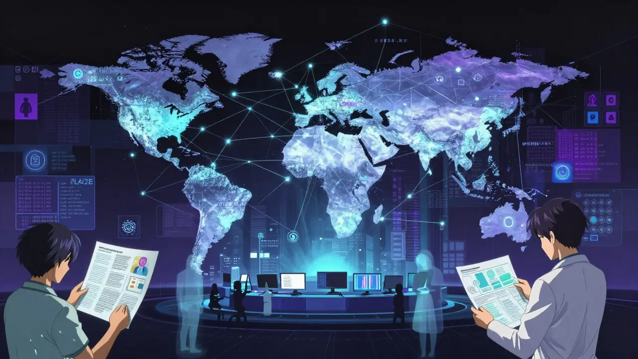 A surreal global digital network monitoring drug safety across different continents.
