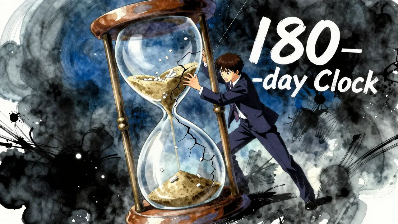 A surreal hourglass filled with pills cracking in a void, representing the 180-day exclusivity window.