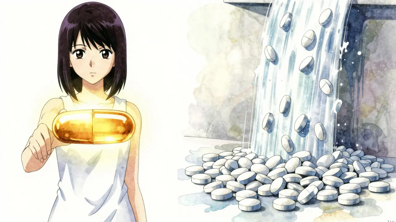 A transition from a single golden brand pill to a flood of white generic pills in an artistic style.