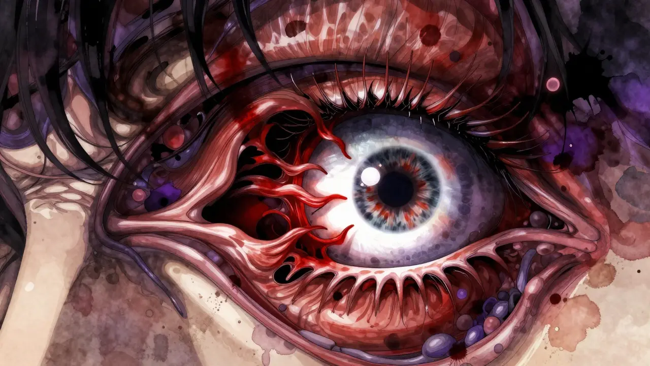 Abstract anime illustration of inflammation and swelling within an eye socket with dark red tones.