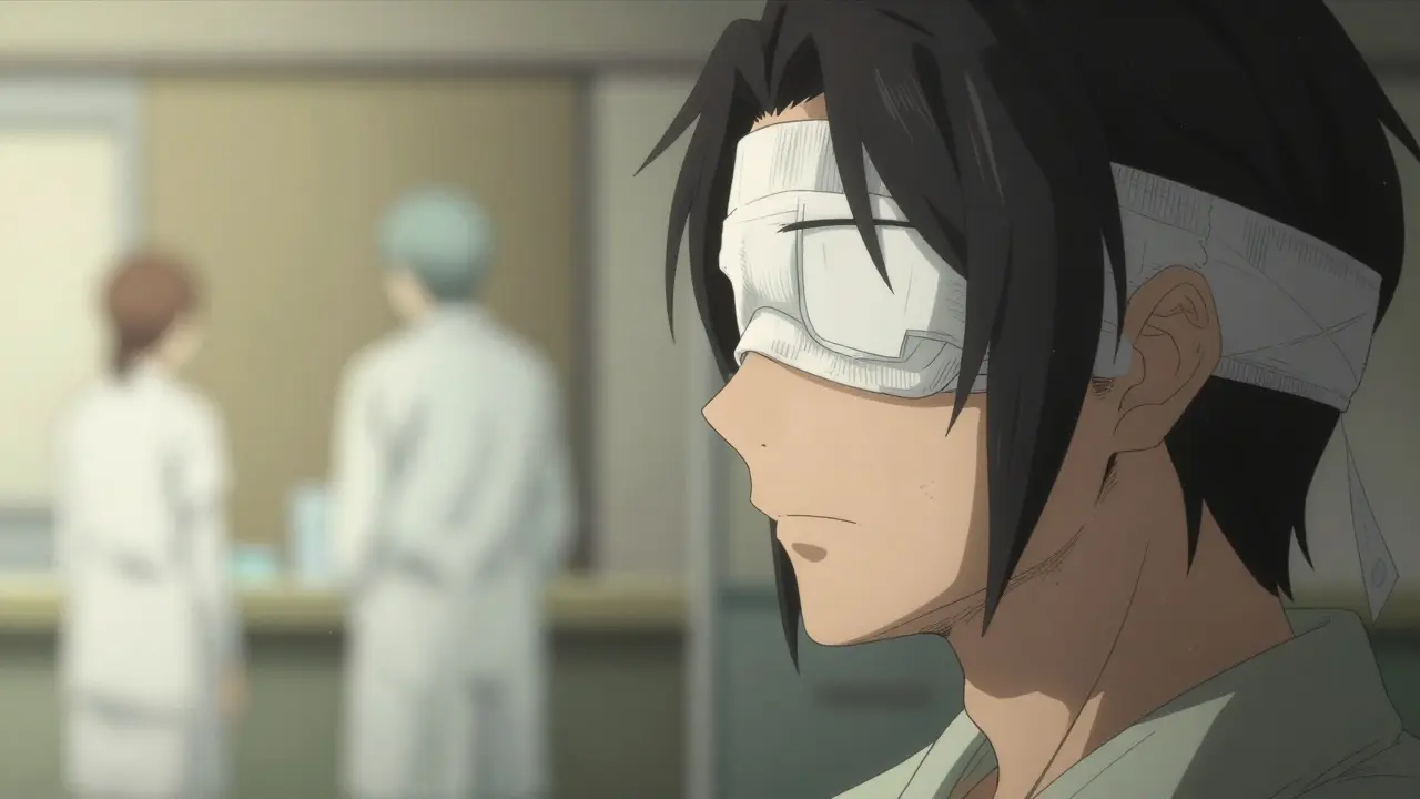Anime character in profile with a medical eye patch, symbolizing surgical recovery and hope.