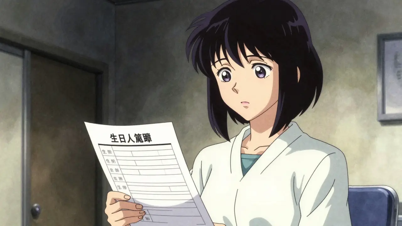 Anxious patient reviewing a medical checklist in a melancholic manga art style