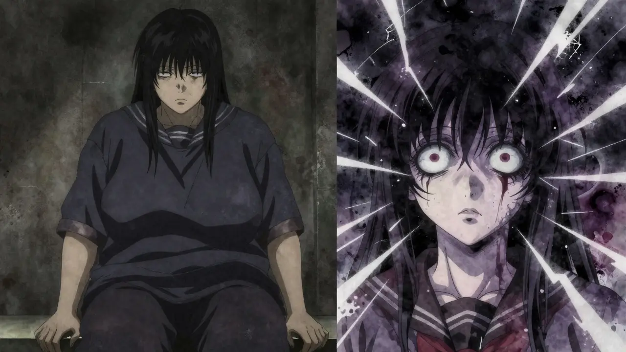 Split portrait showing physical swelling on one side and psychological restlessness on the other.