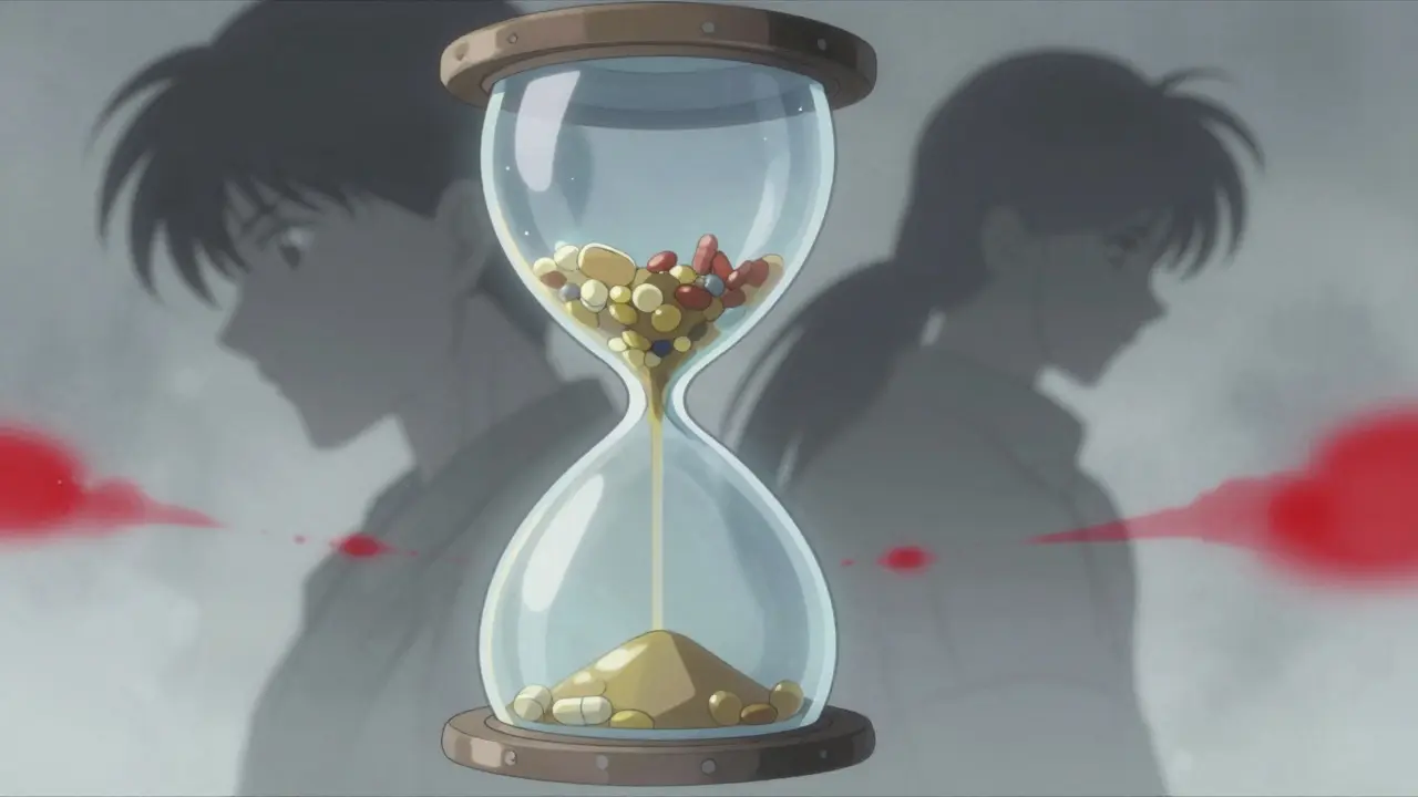 Surreal hourglass with lingering glowing particles symbolizing the long half-life of medication.